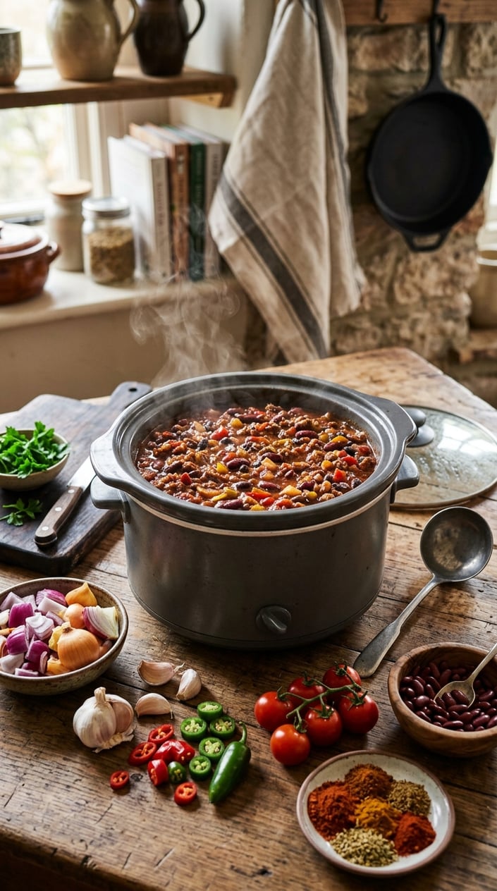 22 Slow Cooker Recipes I Come Back to on the Weeks Everything Falls Apart 11 A crockpot filled with chili con carne on a wooden countertop surrounded by fresh ingredients in a kitchen.