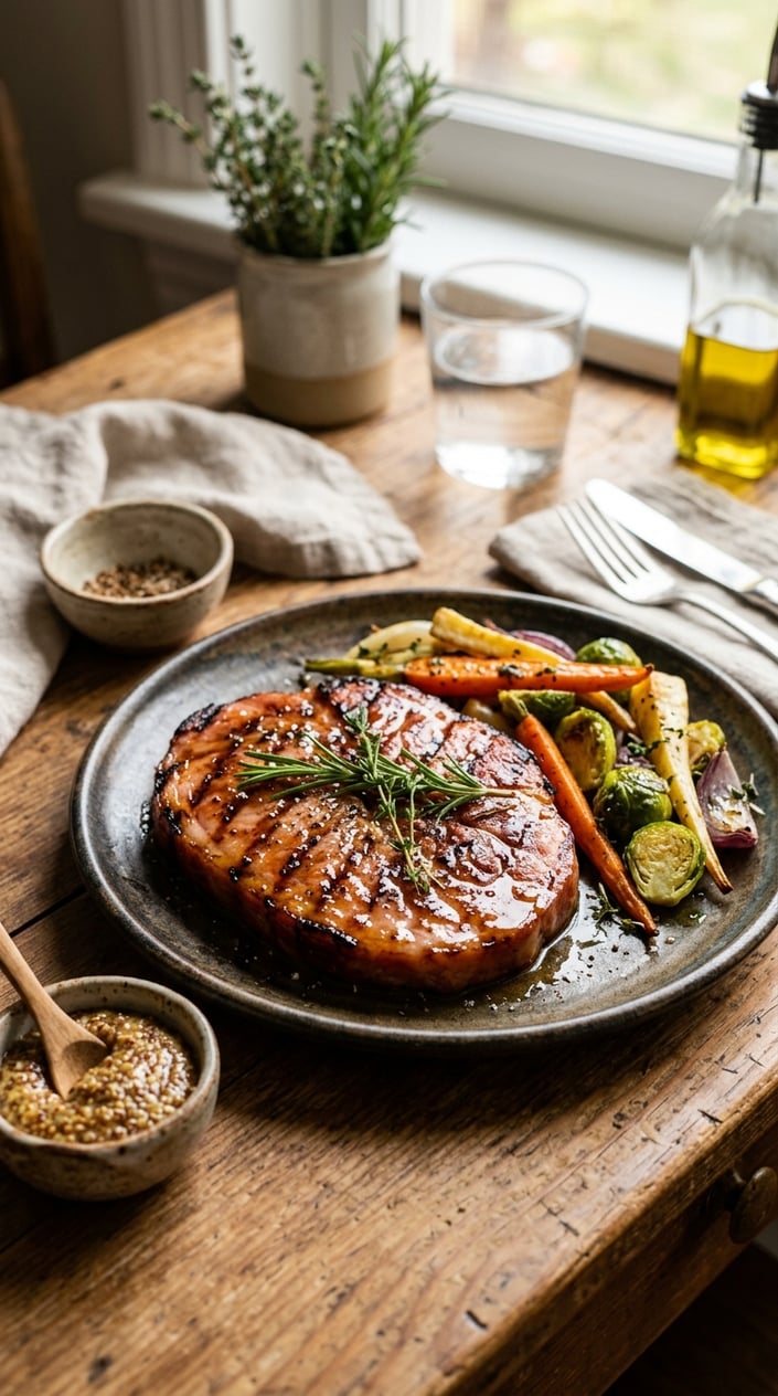 22 Slow Cooker Recipes I Come Back to on the Weeks Everything Falls Apart 12 A glazed ham steak on a plate garnished with herbs and served with roasted vegetables on a kitchen table.