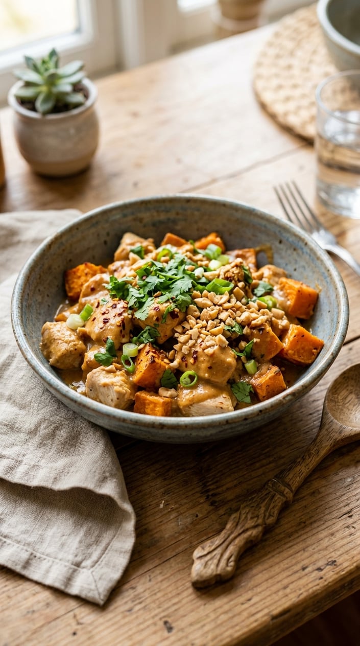 22 Slow Cooker Recipes I Come Back to on the Weeks Everything Falls Apart 13 Bowl of Thai peanut chicken with roasted sweet potatoes garnished with cilantro and peanuts on a wooden table.