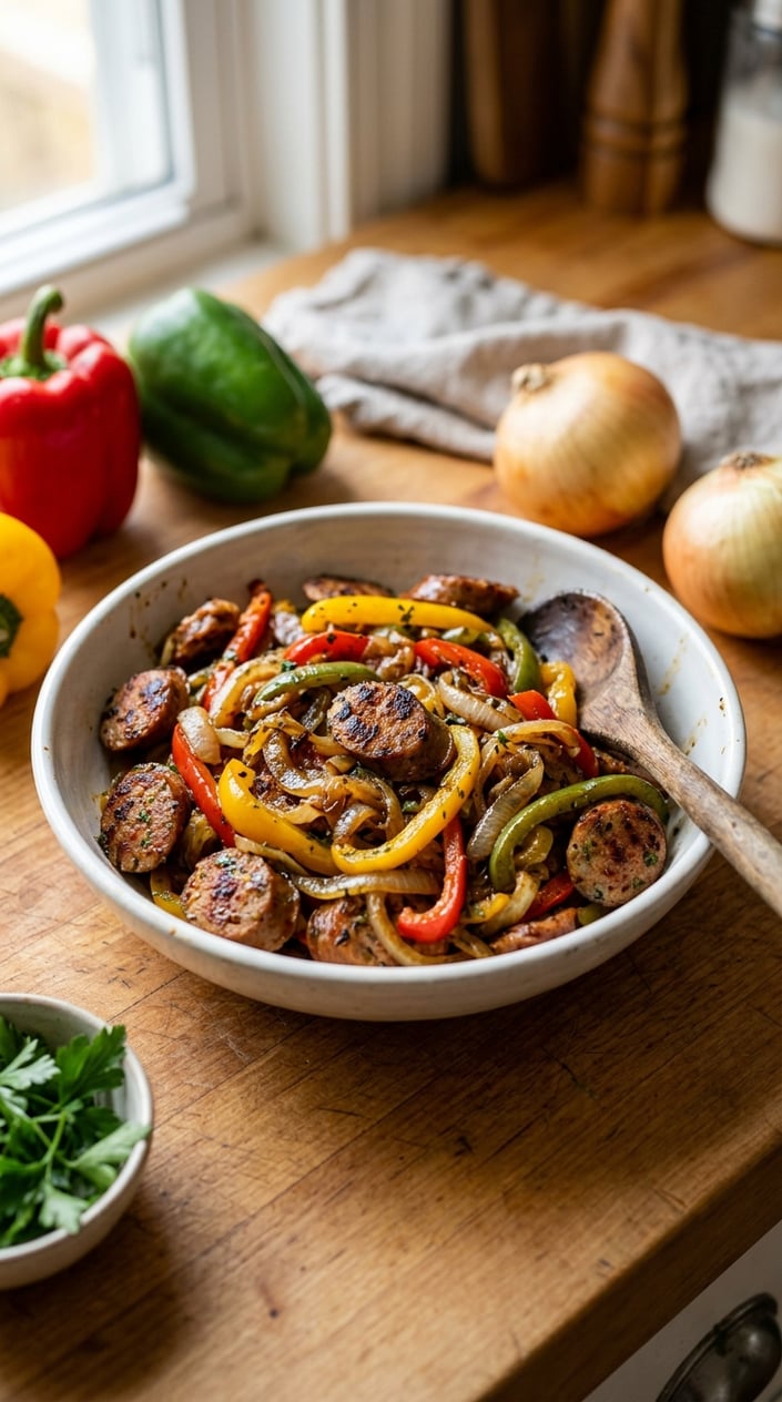 22 Slow Cooker Recipes I Come Back to on the Weeks Everything Falls Apart 14 Close-up of cooked sausage, sautéed bell peppers, and onions in a bowl on a wooden countertop with fresh ingredients nearby.