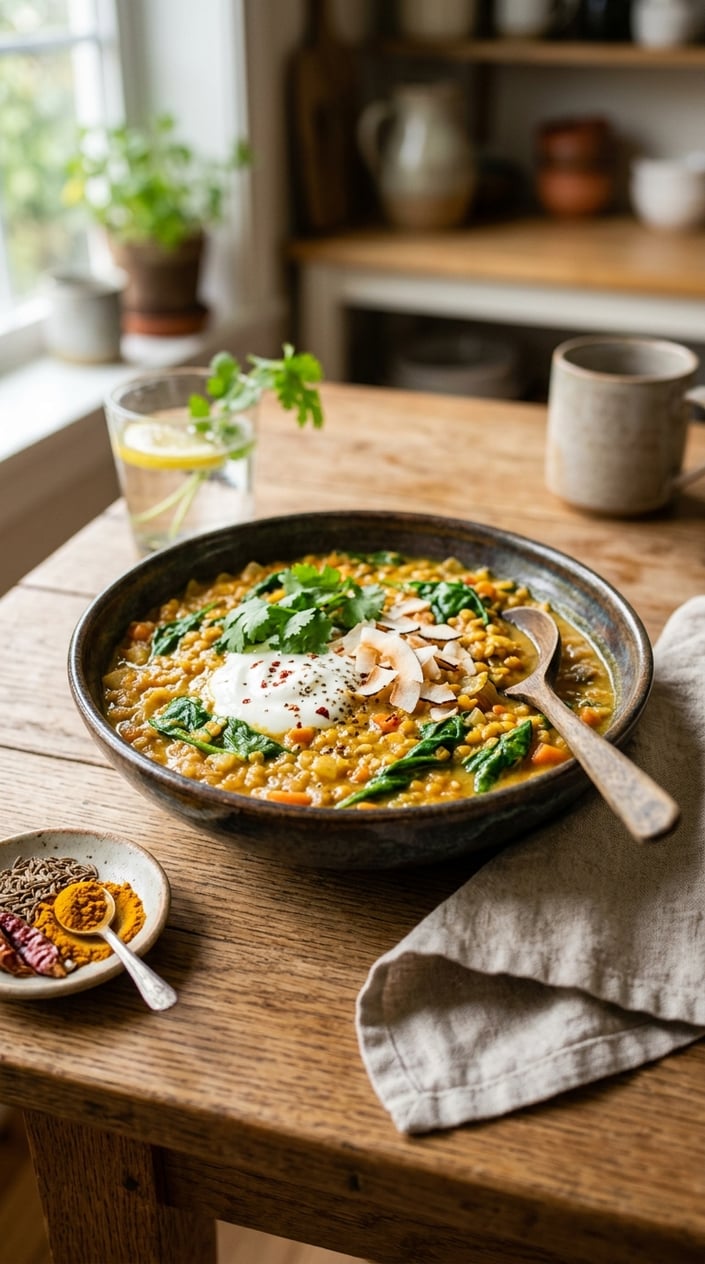 22 Slow Cooker Recipes I Come Back to on the Weeks Everything Falls Apart 15 A bowl of coconut curry lentils with spinach on a wooden table, with a spoon and spices nearby.
