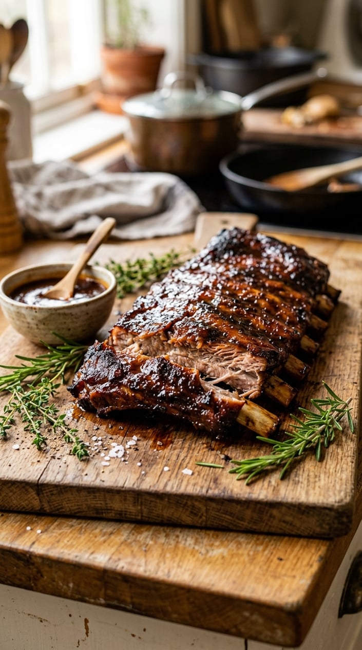 22 Slow Cooker Recipes I Come Back to on the Weeks Everything Falls Apart 16 Close-up of glazed BBQ ribs with brown sugar rub on a wooden board, garnished with herbs and barbecue sauce.