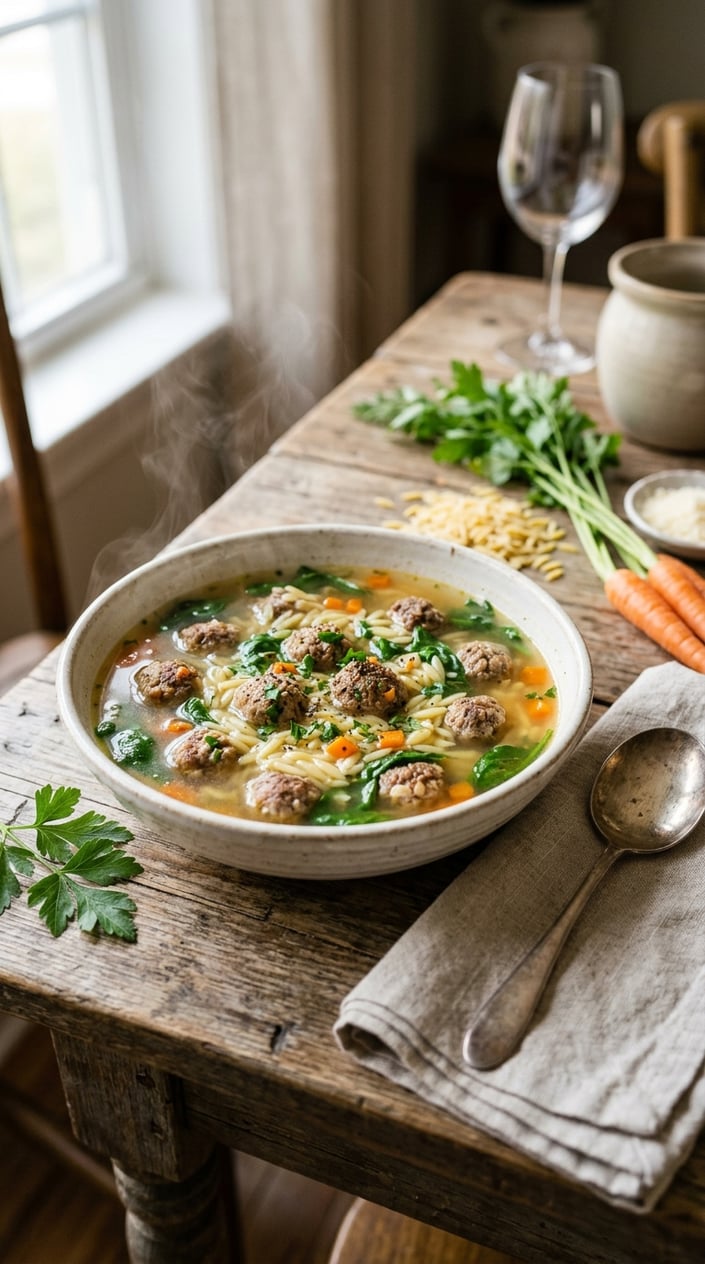 22 Slow Cooker Recipes I Come Back to on the Weeks Everything Falls Apart 17 A bowl of Italian wedding soup with meatballs, orzo, spinach, and carrots on a wooden table with fresh ingredients and a spoon nearby.