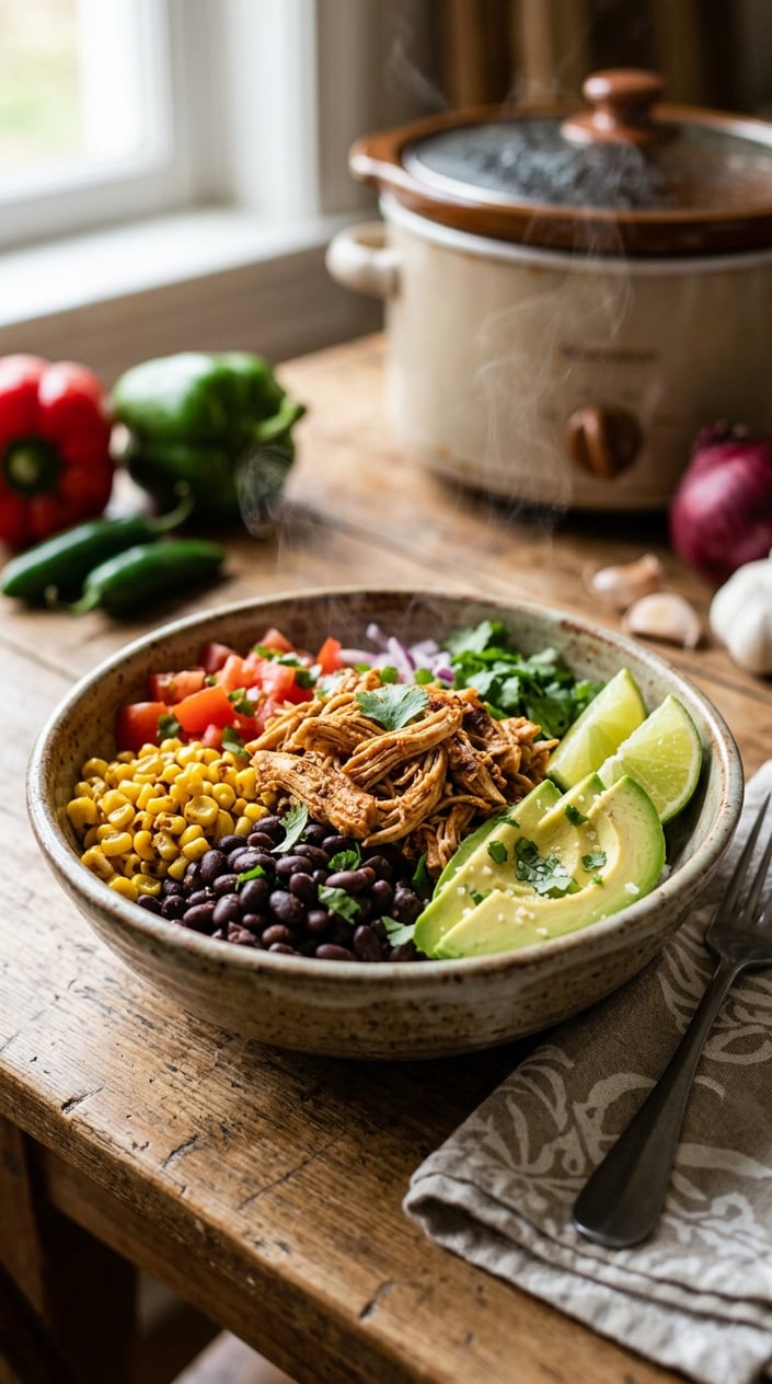 22 Slow Cooker Recipes I Come Back to on the Weeks Everything Falls Apart 18 A bowl of Mexican chicken burrito bowl mix with chicken, beans, corn, tomatoes, avocado, and lime wedges on a wooden table.