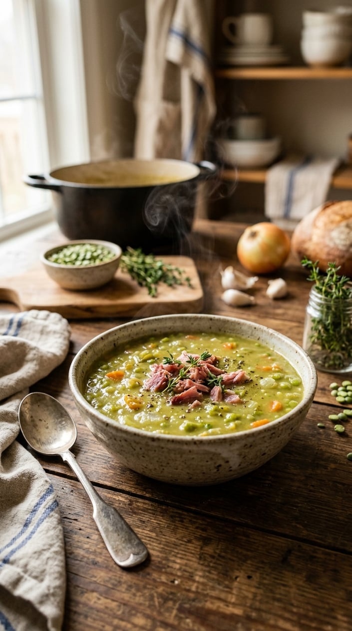 22 Slow Cooker Recipes I Come Back to on the Weeks Everything Falls Apart 19 A bowl of green split pea soup with smoked ham hock on a wooden table, surrounded by fresh ingredients.