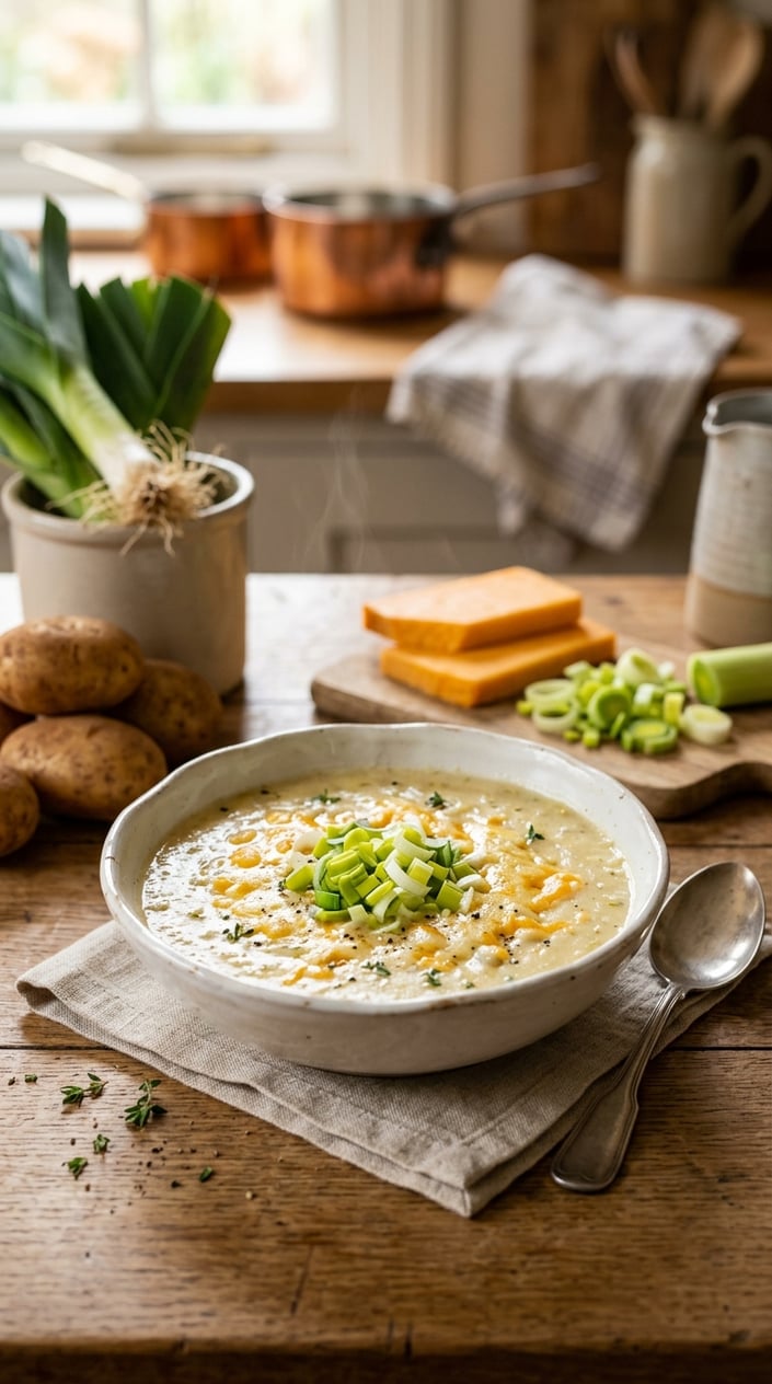 22 Slow Cooker Recipes I Come Back to on the Weeks Everything Falls Apart 20 A bowl of creamy potato soup garnished with cheddar cheese and chopped leeks on a wooden table with fresh potatoes and leeks nearby.