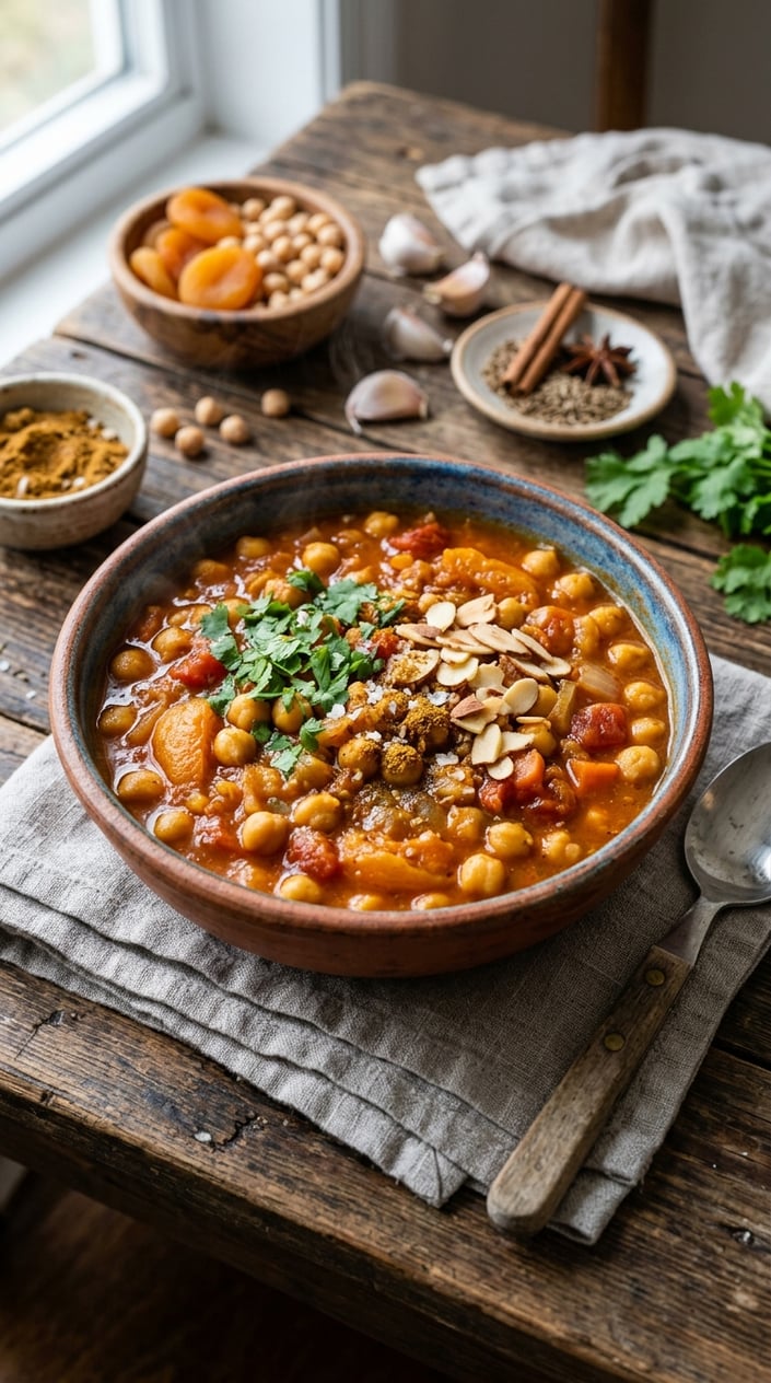 22 Slow Cooker Recipes I Come Back to on the Weeks Everything Falls Apart 21 A bowl of Moroccan chickpea stew with apricots garnished with fresh herbs on a wooden table with cooking ingredients in the background.