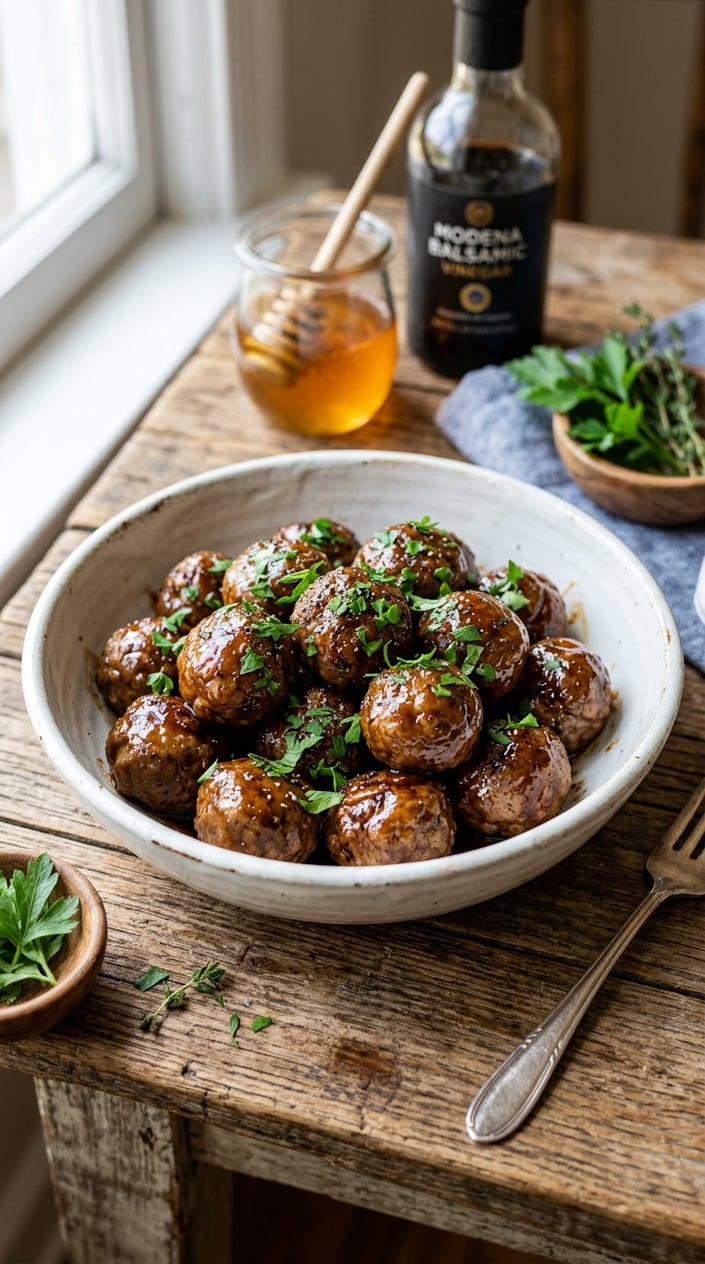 22 Slow Cooker Recipes I Come Back to on the Weeks Everything Falls Apart 22 A bowl of balsamic honey meatballs garnished with parsley on a wooden table with kitchen ingredients in the background.