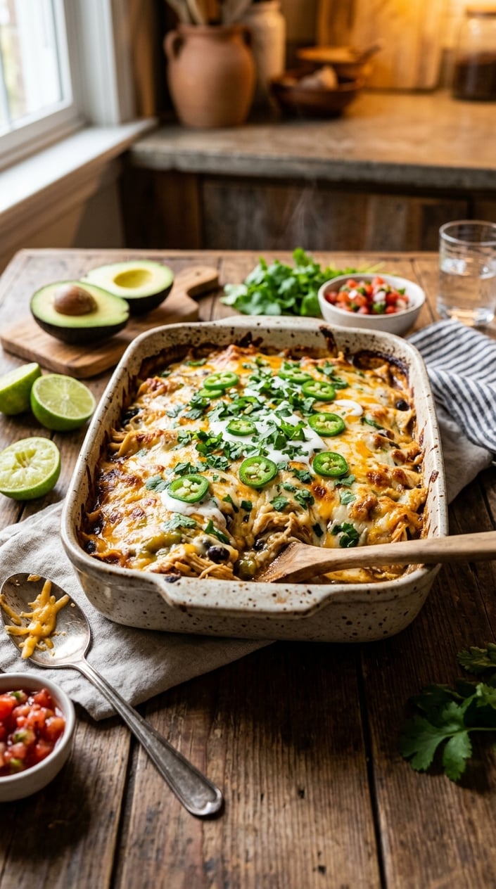 22 Slow Cooker Recipes I Come Back to on the Weeks Everything Falls Apart 23 A cheesy chicken enchilada casserole in a ceramic dish on a wooden table with fresh ingredients around it.