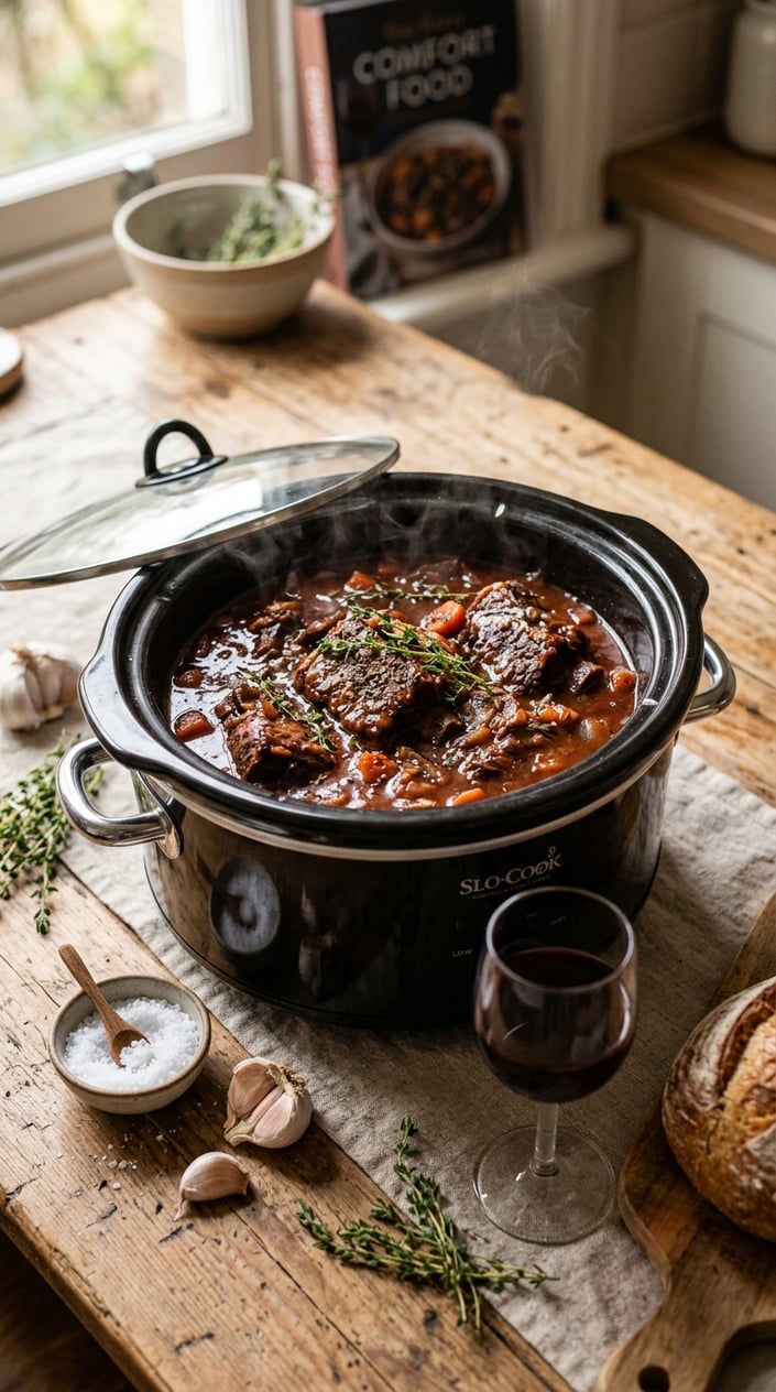 22 Slow Cooker Recipes I Come Back to on the Weeks Everything Falls Apart 24 Slow cooker filled with beef short ribs in red wine sauce, garnished with thyme, on a wooden table with cooking ingredients around.