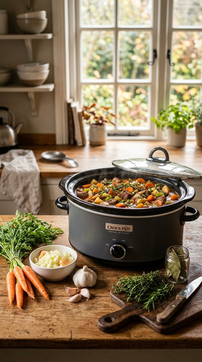 22 Slow Cooker Recipes I Come Back to on the Weeks Everything Falls Apart 25 A slow cooker on a kitchen countertop filled with stew, surrounded by fresh vegetables and herbs in a warmly lit kitchen.