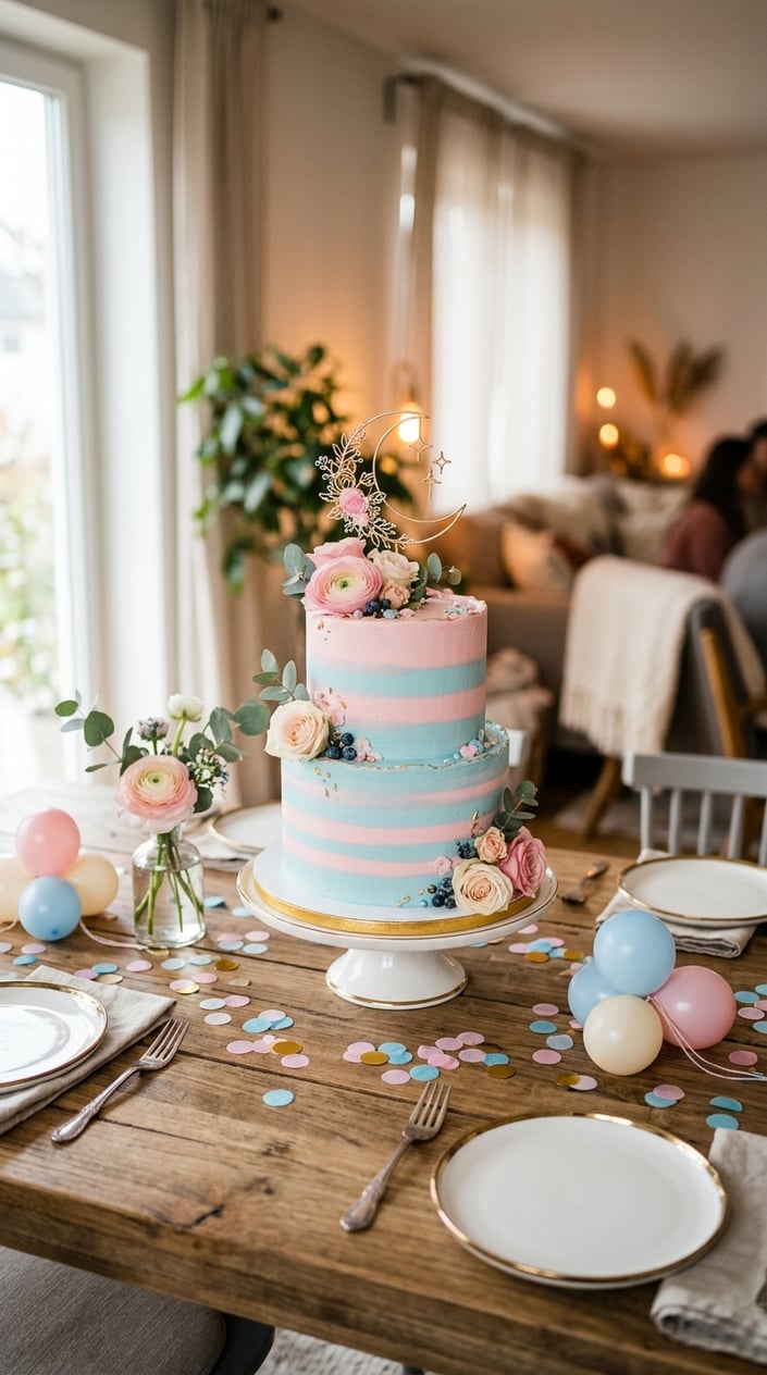 A decorated gender reveal cake on a table surrounded by balloons and confetti in a bright room.