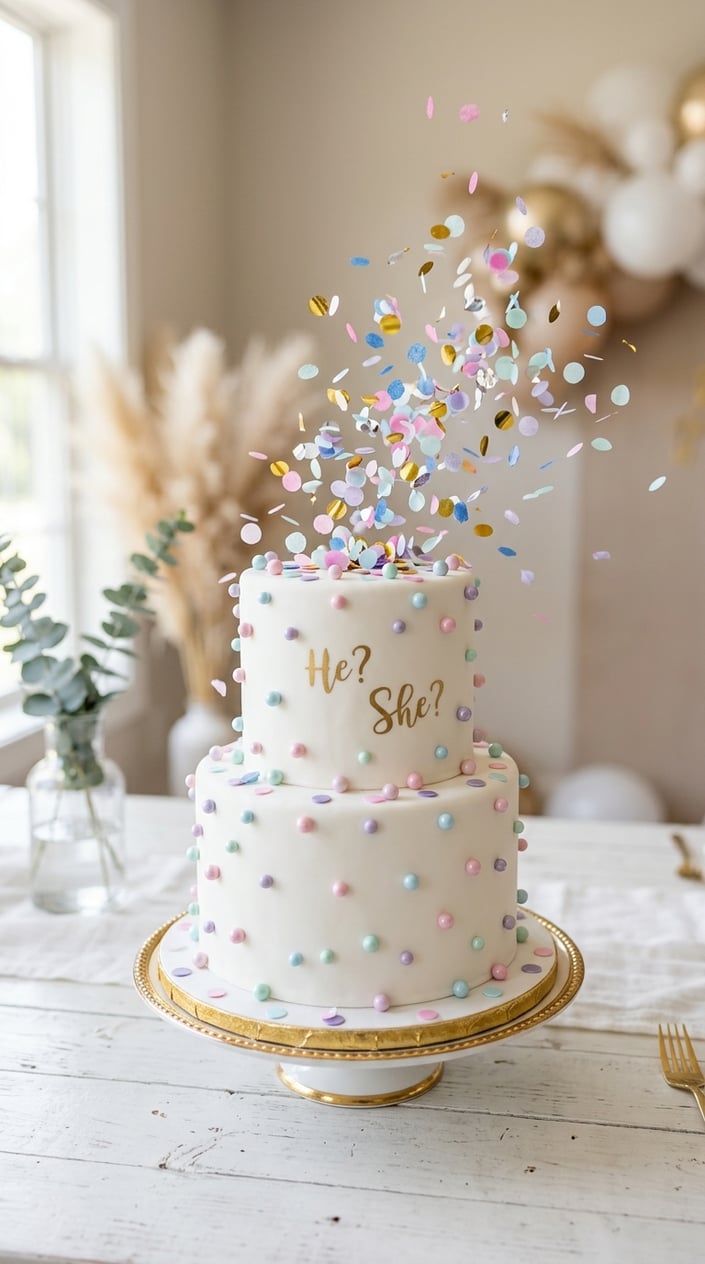 A gender reveal cake with white frosting, pastel candy pearls, and colorful confetti bursting from the center.