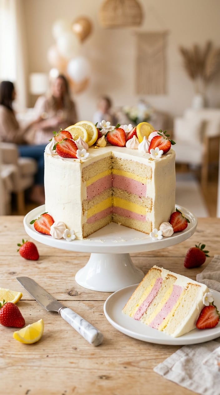 A sliced gender reveal cake showing alternating strawberry and lemon mousse layers on a white cake stand with fresh strawberries and lemon slices nearby.
