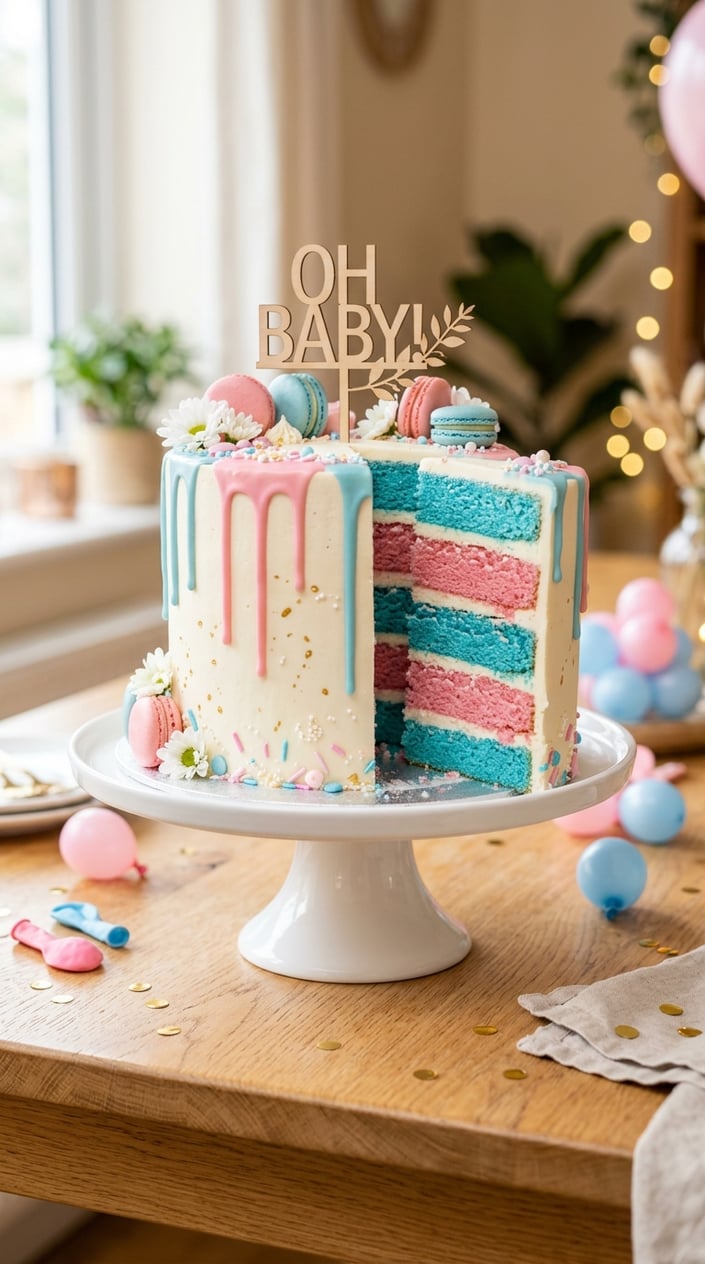 A sliced drip cake with hidden blue and pink layers on a white cake stand surrounded by festive decorations.