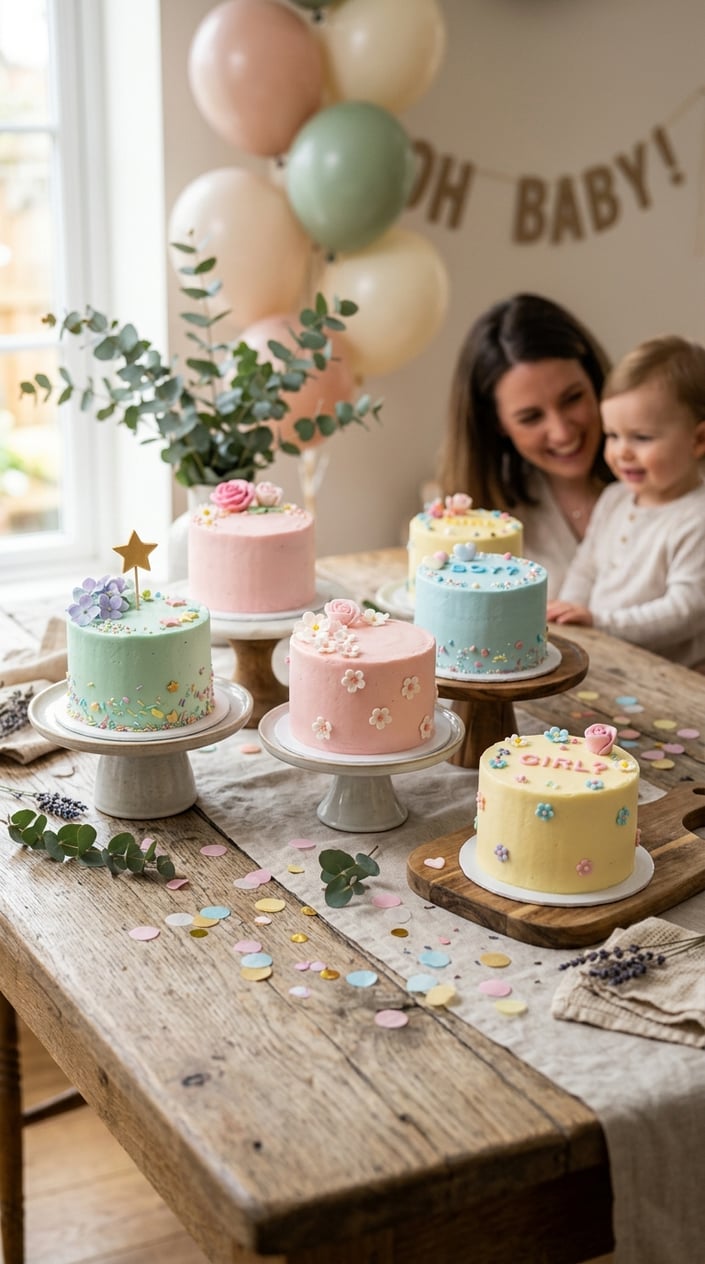 A set of small pastel-colored mini cakes decorated with flowers and sprinkles arranged on a wooden table with balloons and confetti nearby.