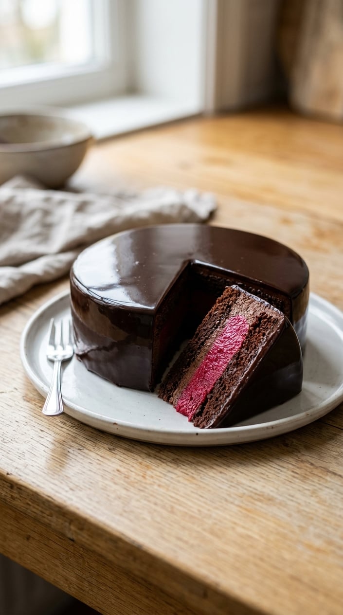 A sliced chocolate cake with a shiny mirror glaze and a single bright colored core inside on a white plate.