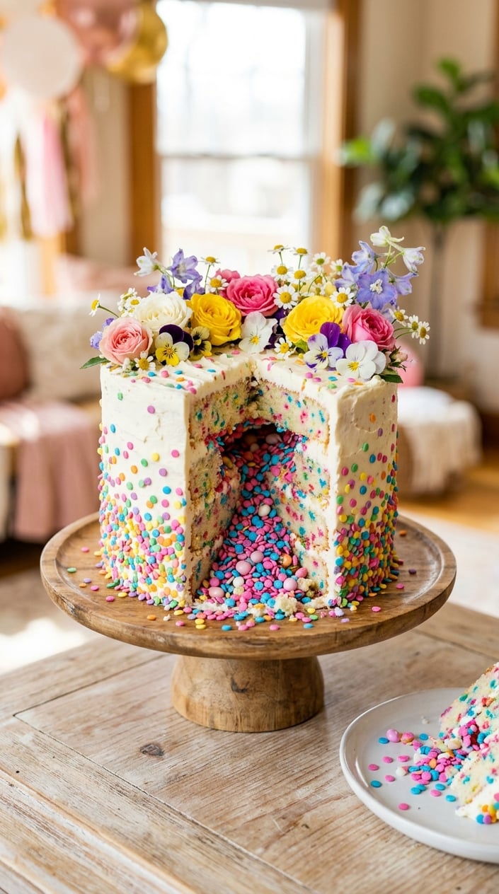 A colorful pinata cake topped with assorted edible flowers on a neutral background.