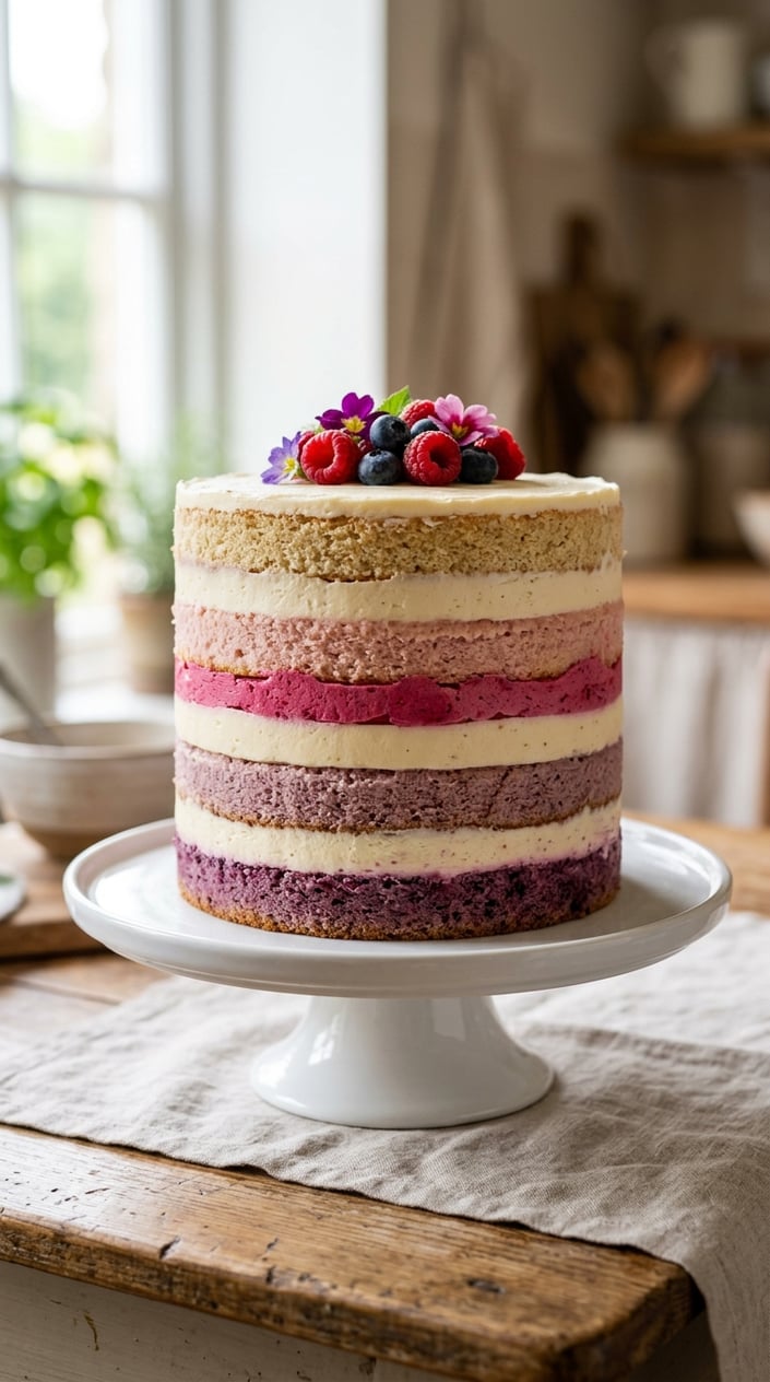 A multi-layered ombre naked cake with a brightly colored buttercream center on a white cake stand.