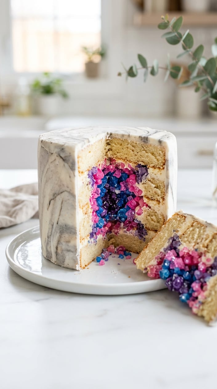 A sliced geode cake revealing colorful dyed rock candy crystals inside on a white surface.