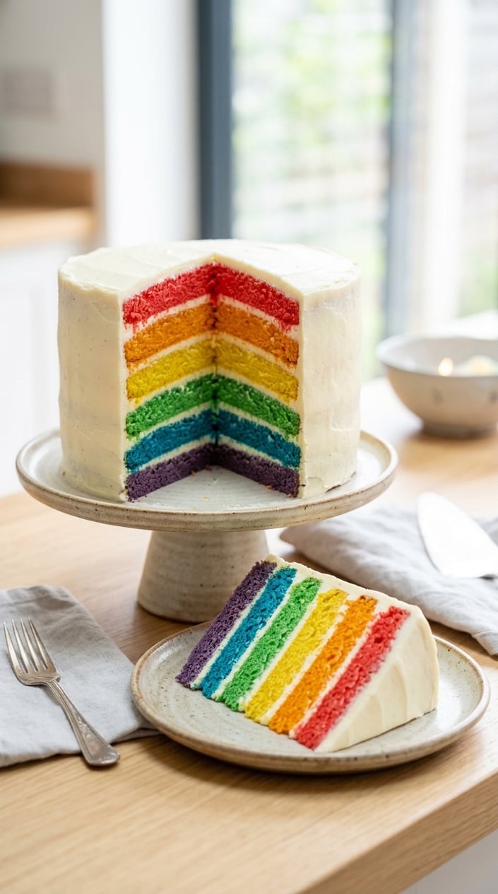 A sliced layered sponge cake with alternating rainbow-colored layers and white frosting.