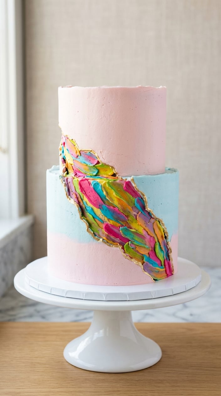 A fault line cake with colorful buttercream streaks visible along the middle, displayed on a white cake stand against a neutral background.