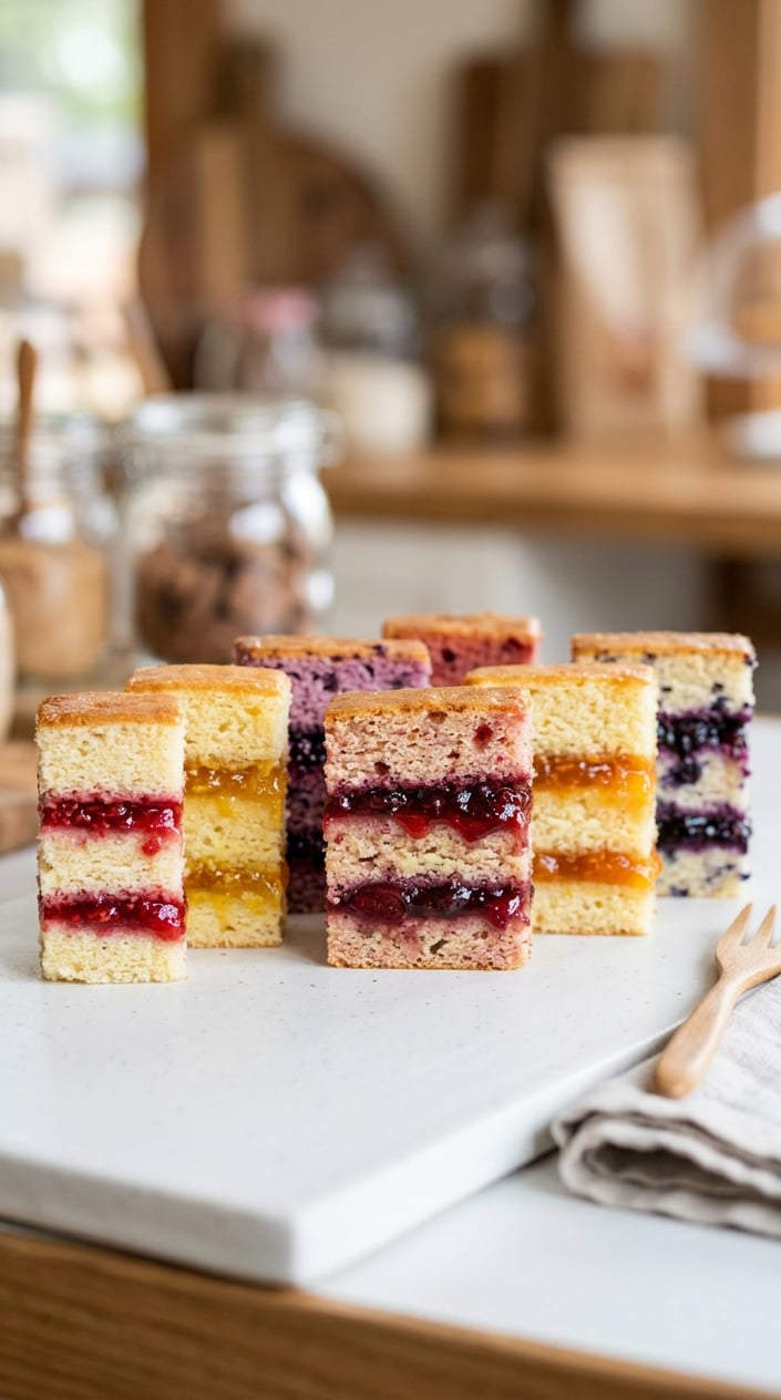 Several push-pop cake slices with colorful jam centers arranged on a white surface.