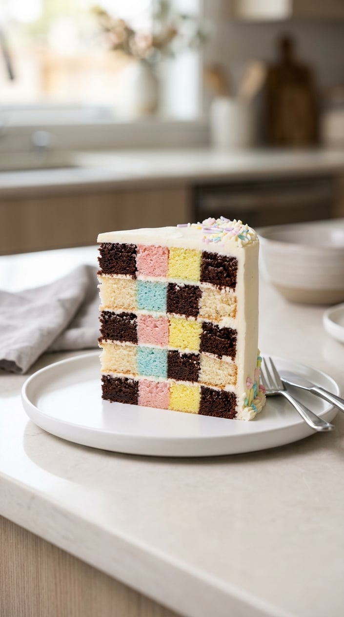 A slice of checkerboard cake with colorful pastel squares inside on a white plate.