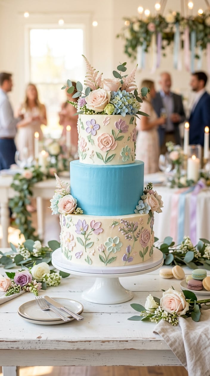 A three-tiered cake with floral buttercream frosting and a brightly colored center tier on a white surface.