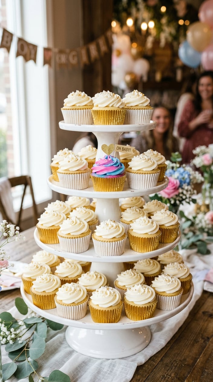 A tower of cupcakes with one cupcake decorated with pink and blue frosting among white frosted cupcakes on a white cake stand.