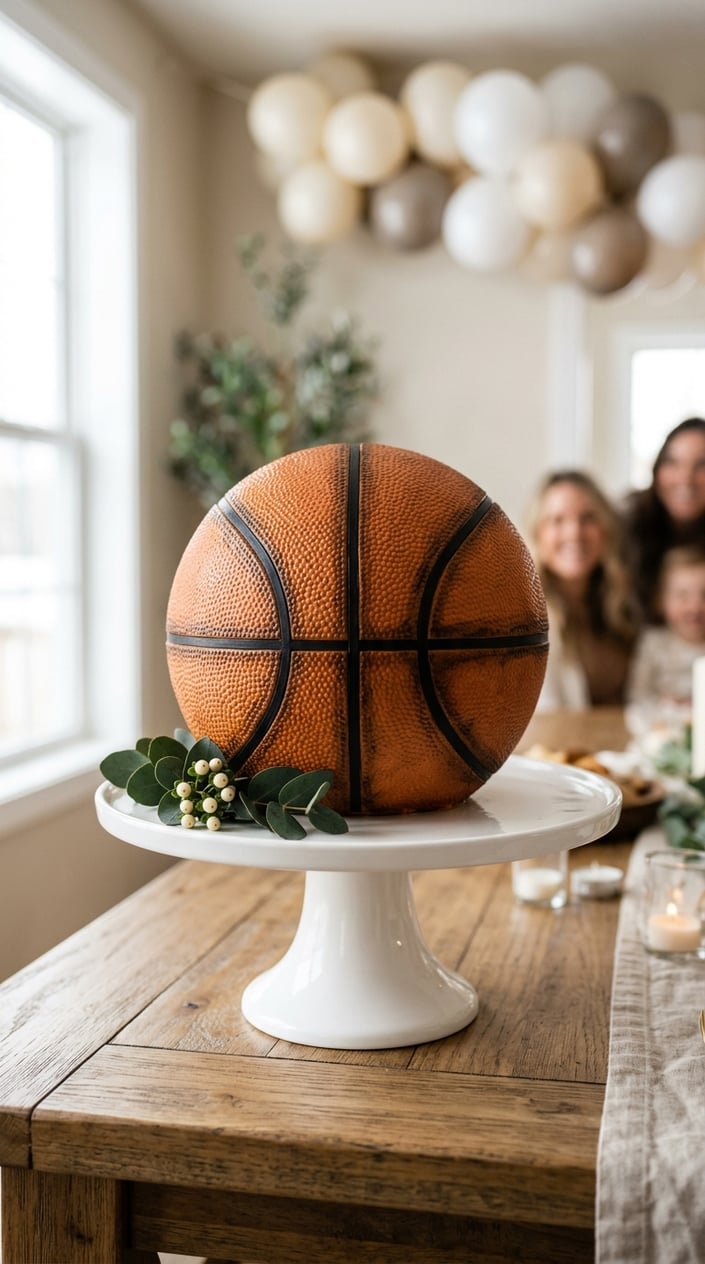 A basketball-shaped cake with a neutral exterior on a white cake stand surrounded by subtle decorations on a wooden table.