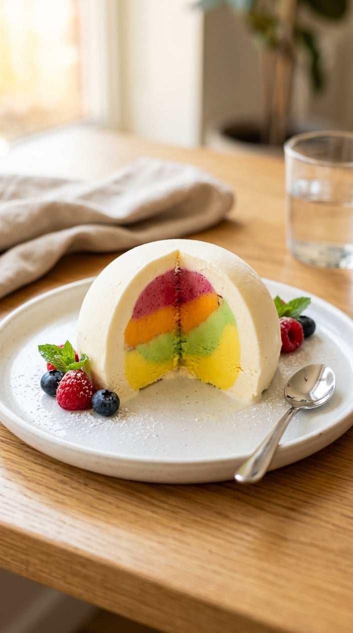 A sliced ice cream bombe dessert revealing a colorful sorbet center on a white plate with fresh berries and mint leaves.