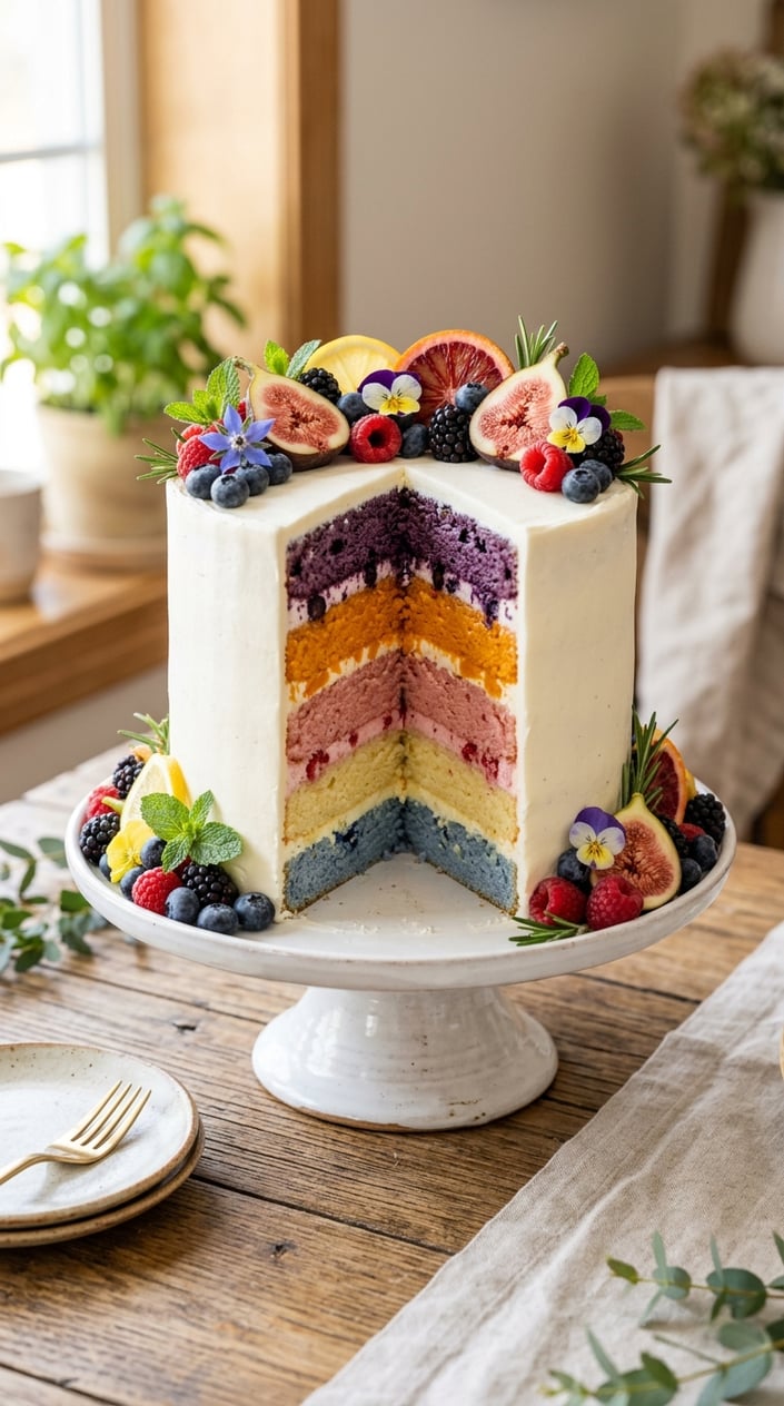 A multi-layered surprise cake with natural fruit-colored layers and fresh fruit decorations on a white surface.