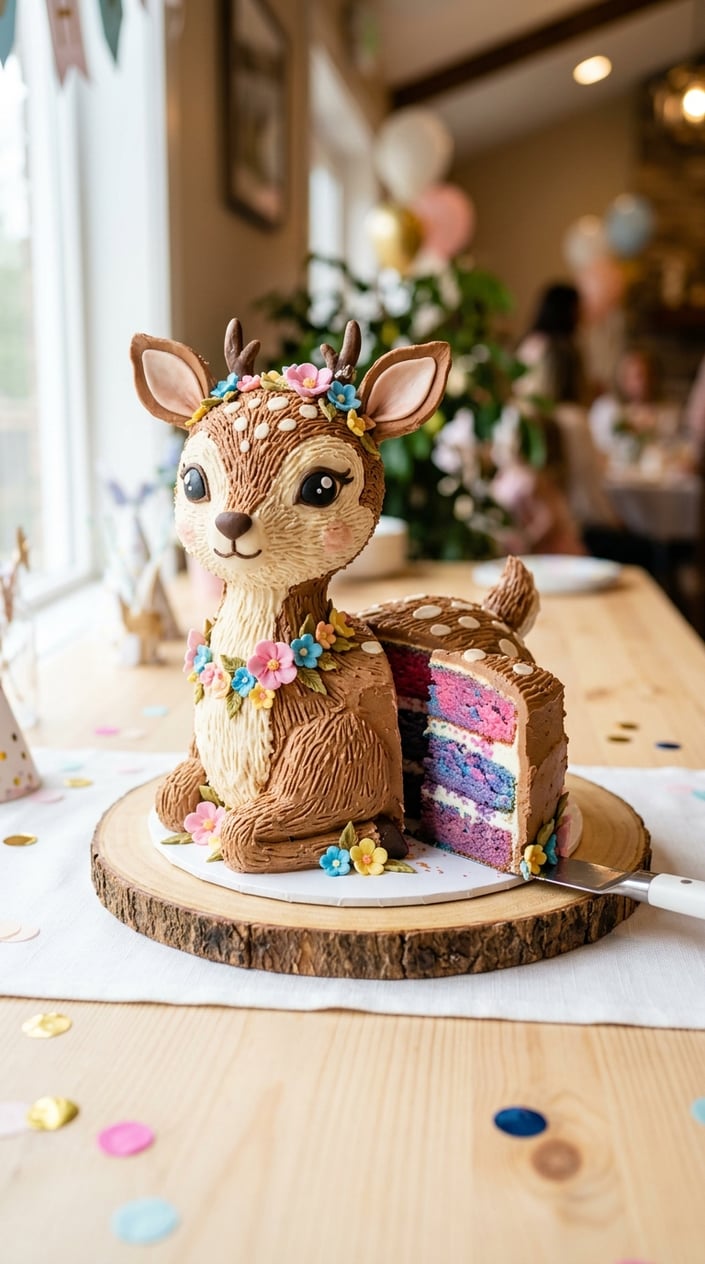 A sculpted animal-shaped cake with colorful inner layers cut open, displayed on a white surface.