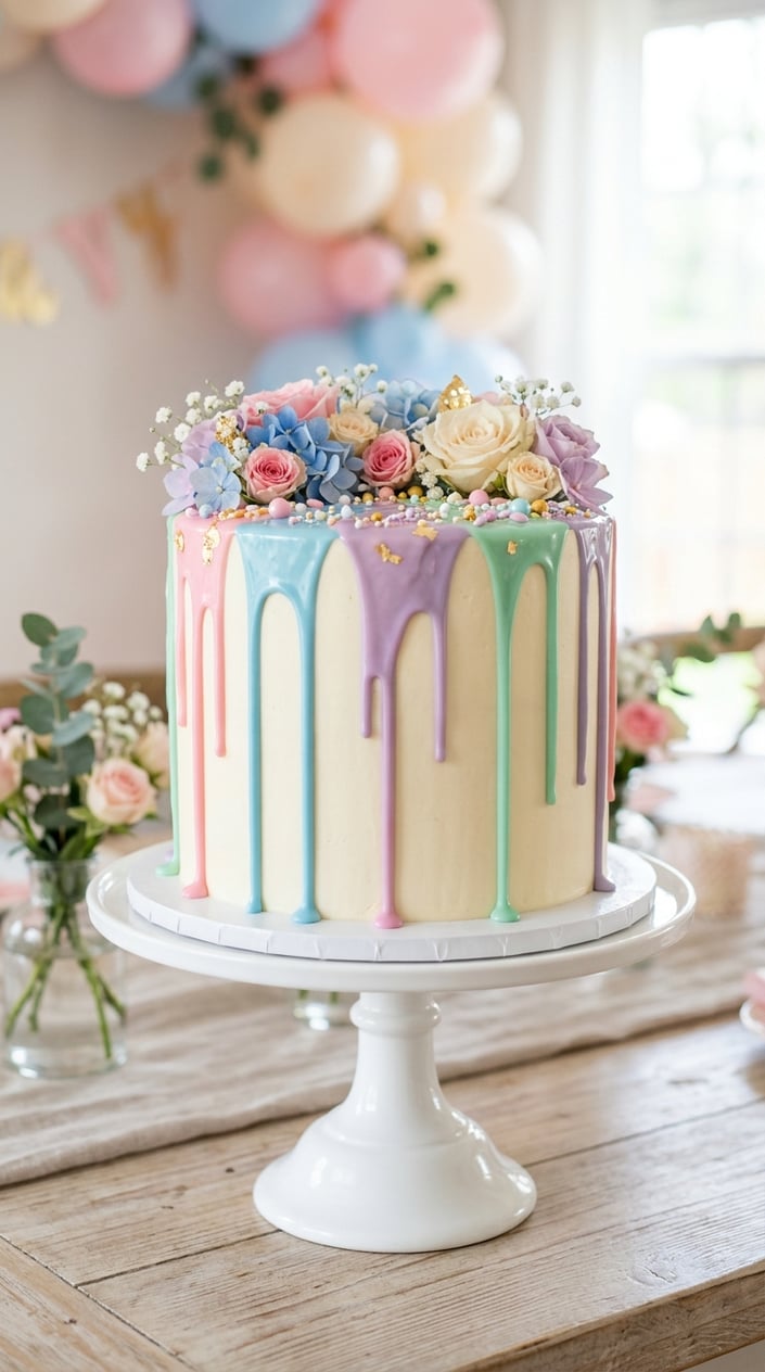 A colorful drip ganache cake with multicolored drip filling on a white cake stand against a pastel background.