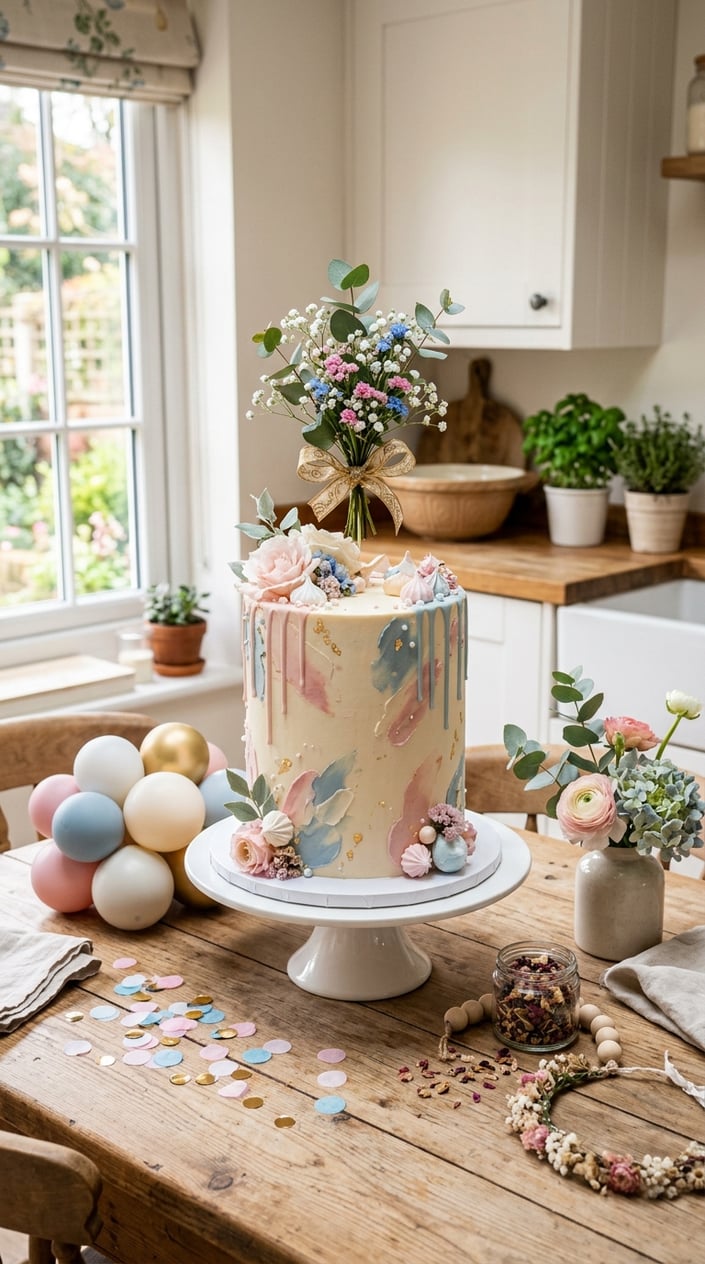 A decorated gender reveal cake on a wooden table in a bright kitchen with balloons and flowers around it.