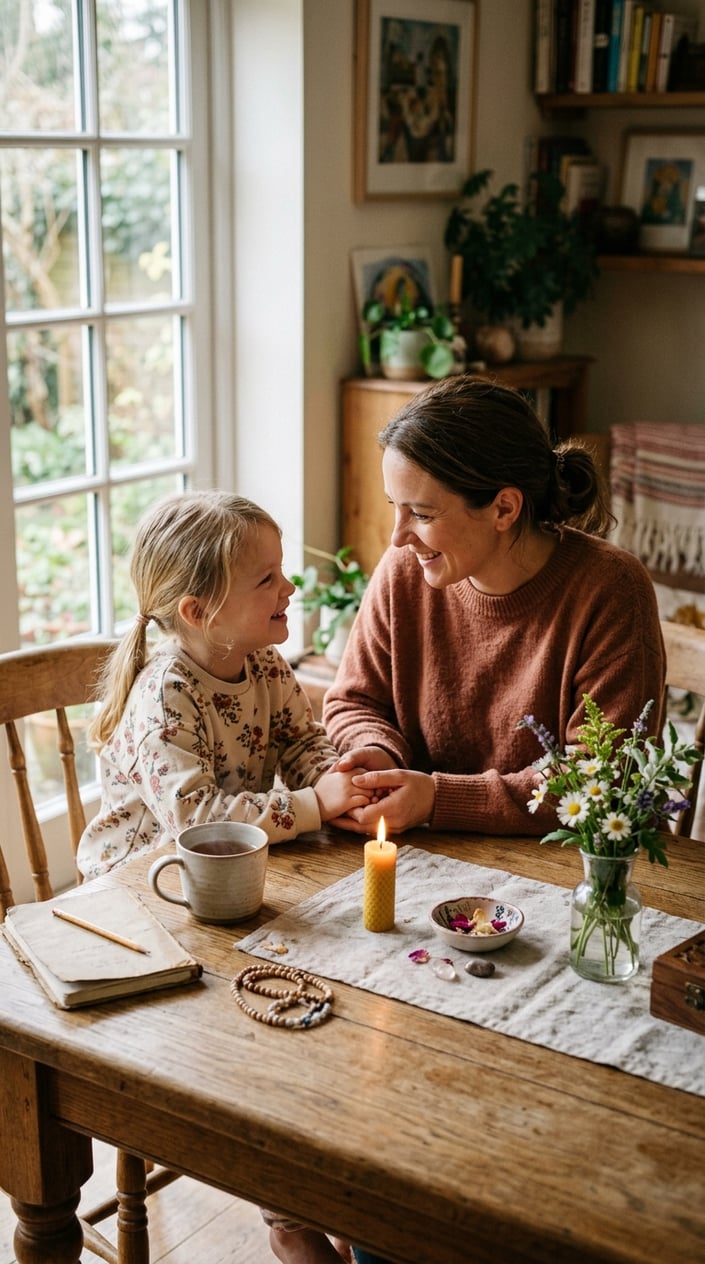 The Small Mother-Daughter Rituals That Outlast Everything Else 2 A mother and daughter sitting at a wooden table, hands clasped together, afternoon light falling across them from a nearby window.