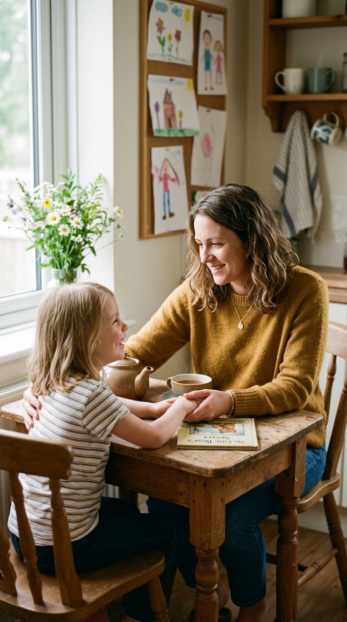 The Small Mother-Daughter Rituals That Outlast Everything Else 3 A mother and daughter sitting close at a small round table indoors, two mugs between them, both leaning in slightly toward each other.