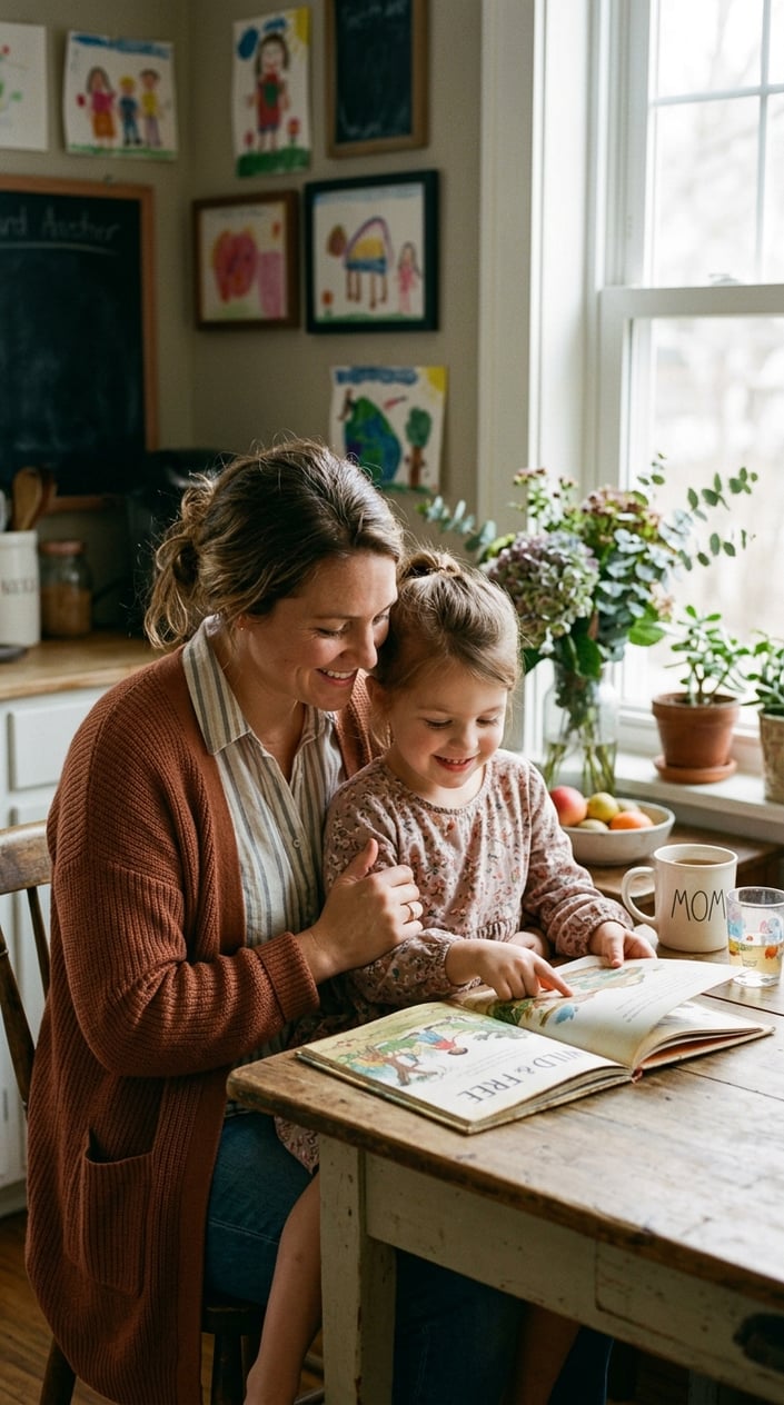 The Small Mother-Daughter Rituals That Outlast Everything Else 5 A mother and young daughter seated together at a flour-dusted kitchen table, both looking down at something they're making, a warm and unhurried domestic scene.