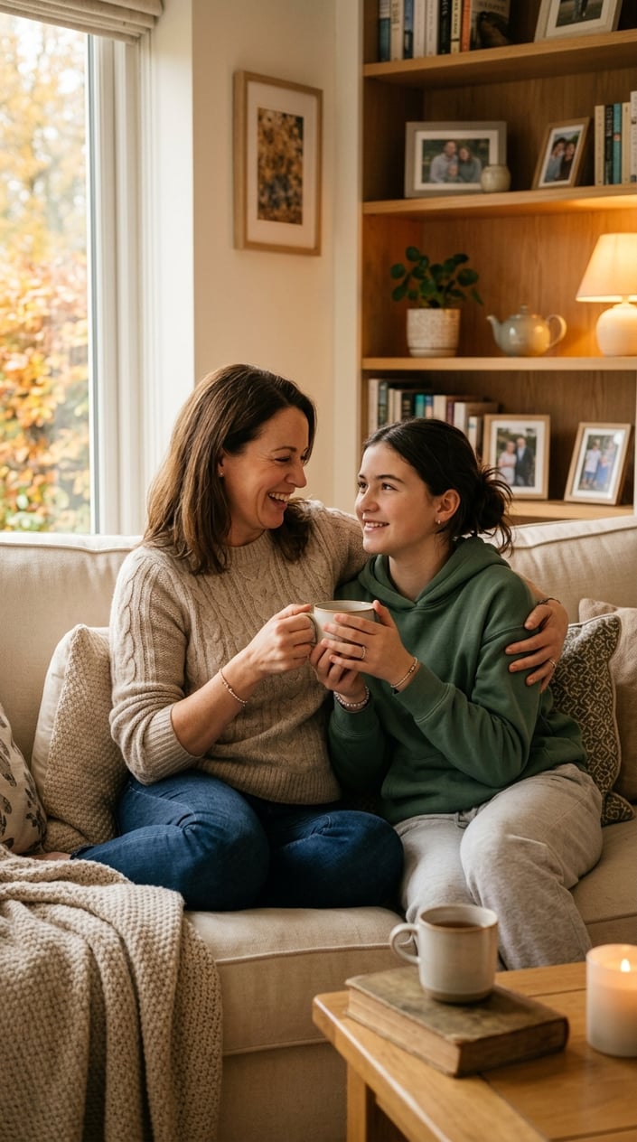 The Small Mother-Daughter Rituals That Outlast Everything Else 6 A mother and teenage daughter sitting close together on a sofa in a cozy living room, the daughter leaning slightly into her mom, both relaxed and unhurried.