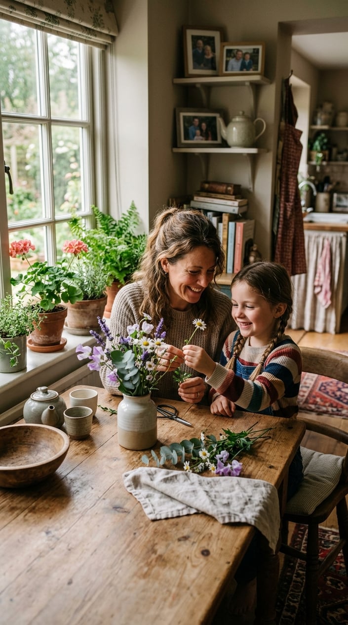 The Small Mother-Daughter Rituals That Outlast Everything Else 7 A mother and daughter at a kitchen table in a lived-in home, one leaning on her hand and looking toward the other, the scene quiet and unhurried.