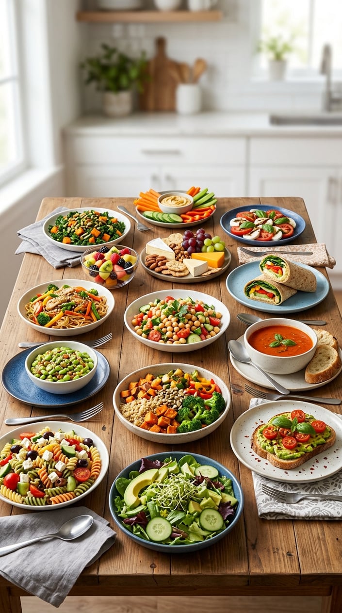 14 Easy Lunch Ideas That Aren't the Same Turkey Sandwich Again 28 A wooden table spread with fourteen different easy lunch dishes including mason jar salads, wraps, grain bowls, avocado toast, and fresh fruit, photographed in bright natural light.
