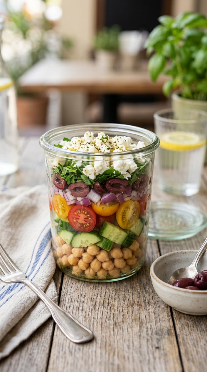 14 Easy Lunch Ideas That Aren't the Same Turkey Sandwich Again 29 A wide-mouth glass jar layered with chickpeas, halved cherry tomatoes, diced cucumber, red onion, and crumbled feta, sitting on a warm-toned wooden surface with olive oil and a lemon half nearby.