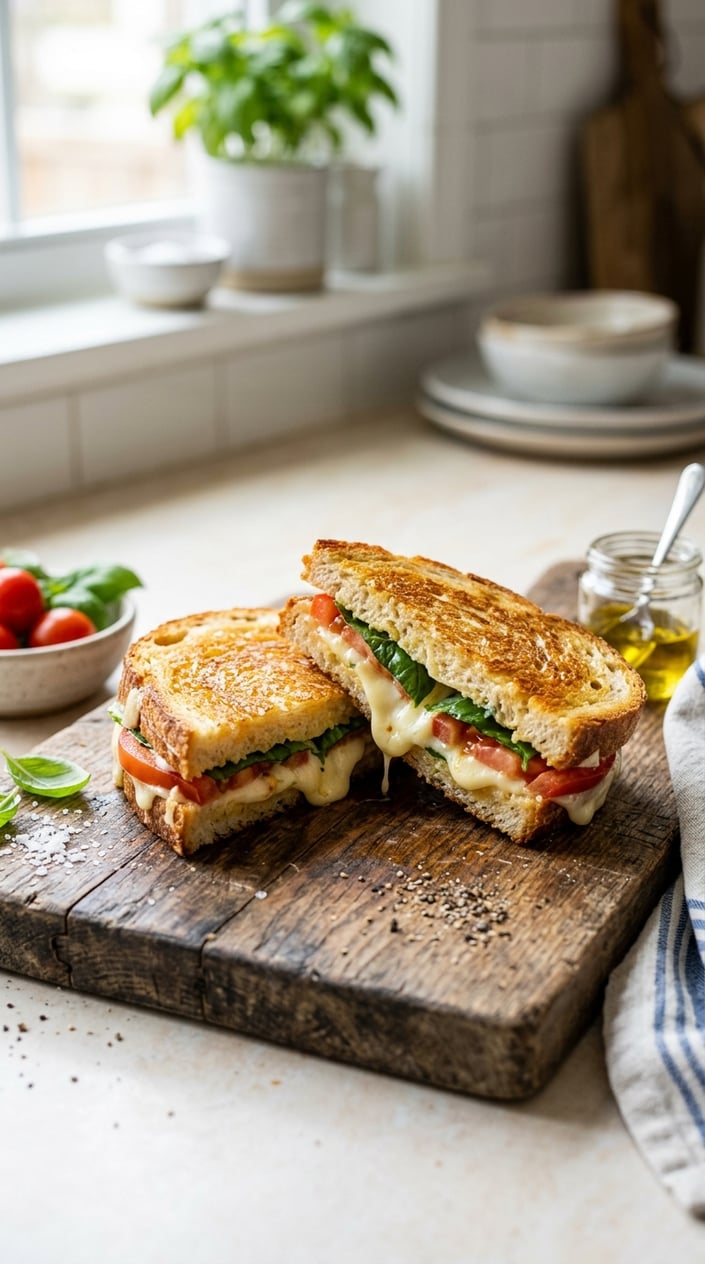 14 Easy Lunch Ideas That Aren't the Same Turkey Sandwich Again 30 A Caprese grilled cheese sandwich on sourdough cut in half to show the pull of melted mozzarella, a slice of ripe tomato, and bright green basil, resting on a wooden board with a small drizzle of balsamic nearby.