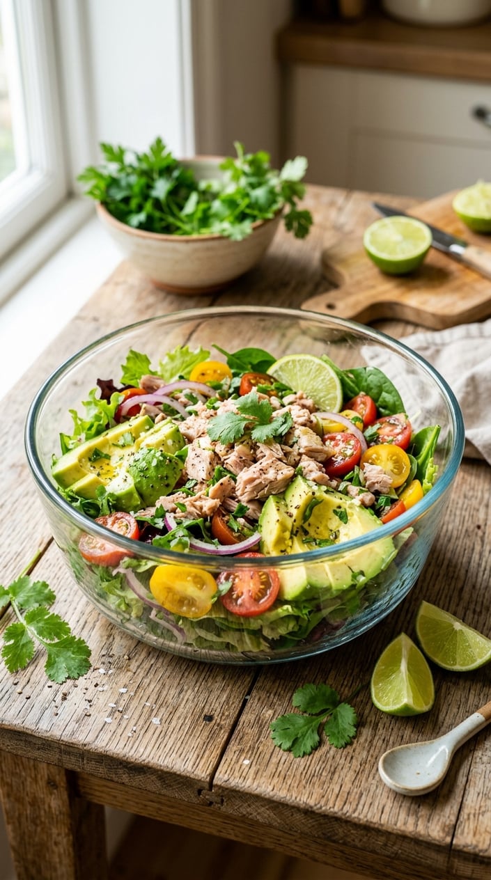 14 Easy Lunch Ideas That Aren't the Same Turkey Sandwich Again 31 A rustic ceramic bowl filled with pale green avocado tuna salad, garnished with cilantro and served with two lime wedges on the side, set on a light wood surface.