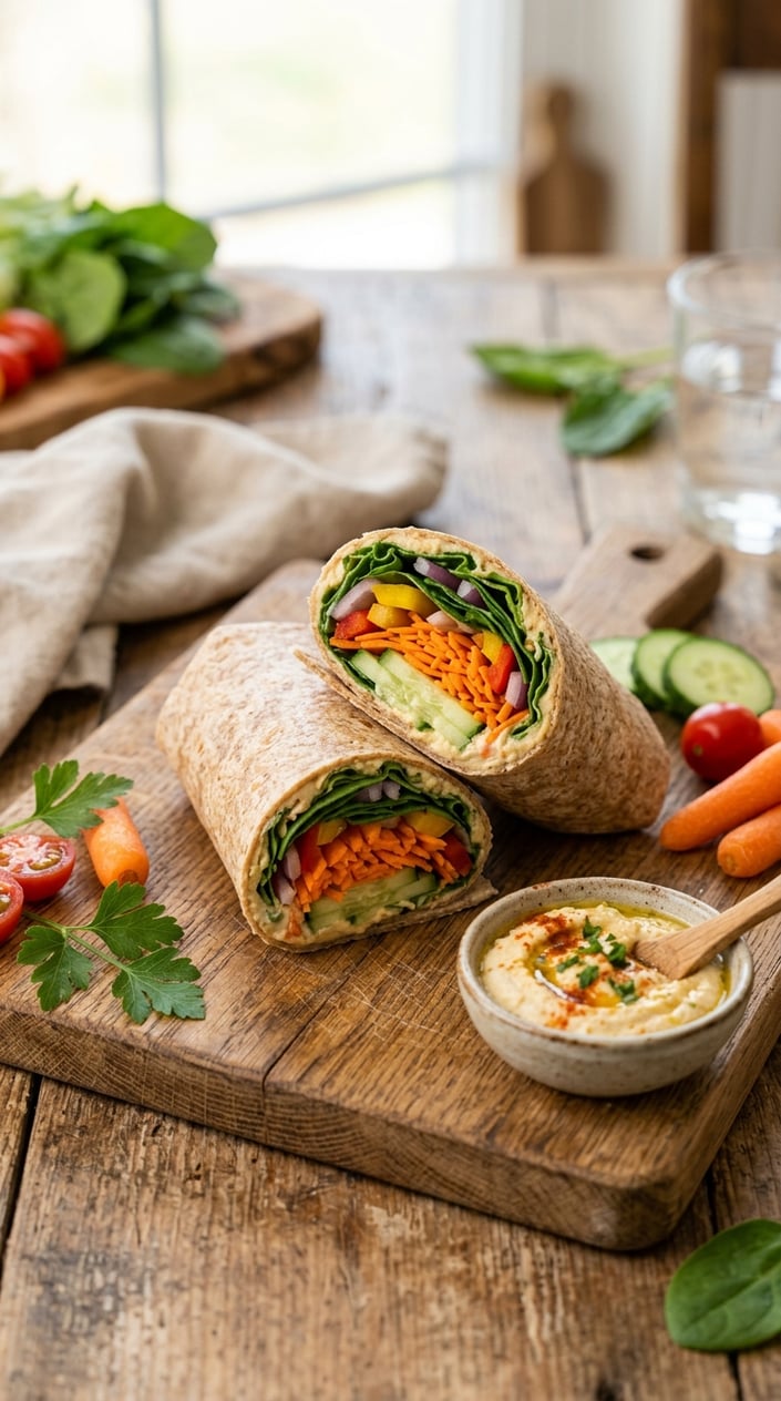 14 Easy Lunch Ideas That Aren't the Same Turkey Sandwich Again 32 A whole-wheat tortilla wrap sliced in half to reveal layers of hummus, shredded carrot, sliced cucumber, cherry tomatoes, and mixed greens, arranged on a natural wood cutting board.