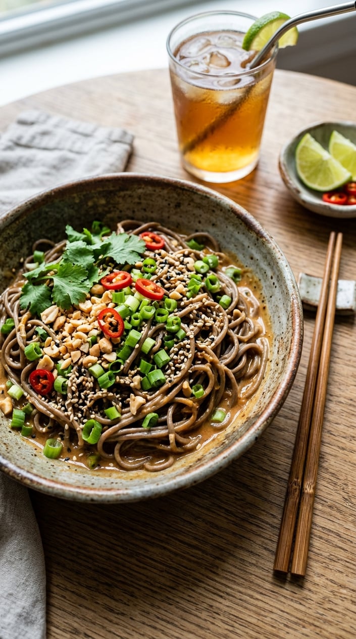 14 Easy Lunch Ideas That Aren't the Same Turkey Sandwich Again 33 A deep bowl of chilled soba noodles coated in a dark peanut sauce, topped with thin red chili rounds, sliced green onions, sesame seeds, and a sprinkle of crushed peanuts, with chopsticks resting on the rim.