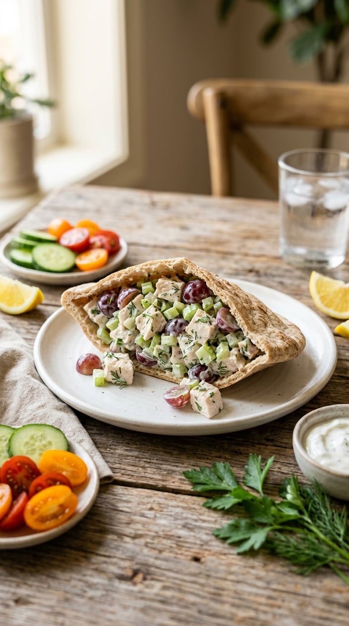 14 Easy Lunch Ideas That Aren't the Same Turkey Sandwich Again 34 A halved pita pocket stuffed with a creamy chicken salad made with Greek yogurt, visible pieces of celery, red grapes, and walnuts, plated with cucumber slices and cherry tomatoes around it.