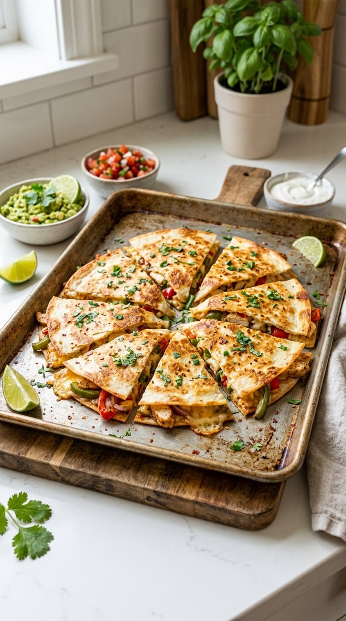 14 Easy Lunch Ideas That Aren't the Same Turkey Sandwich Again 35 A golden-edged sheet pan quesadilla cut into triangular wedges on a kitchen countertop, revealing melted cheese and visible corn and red onion, with small bowls of salsa and sour cream alongside.
