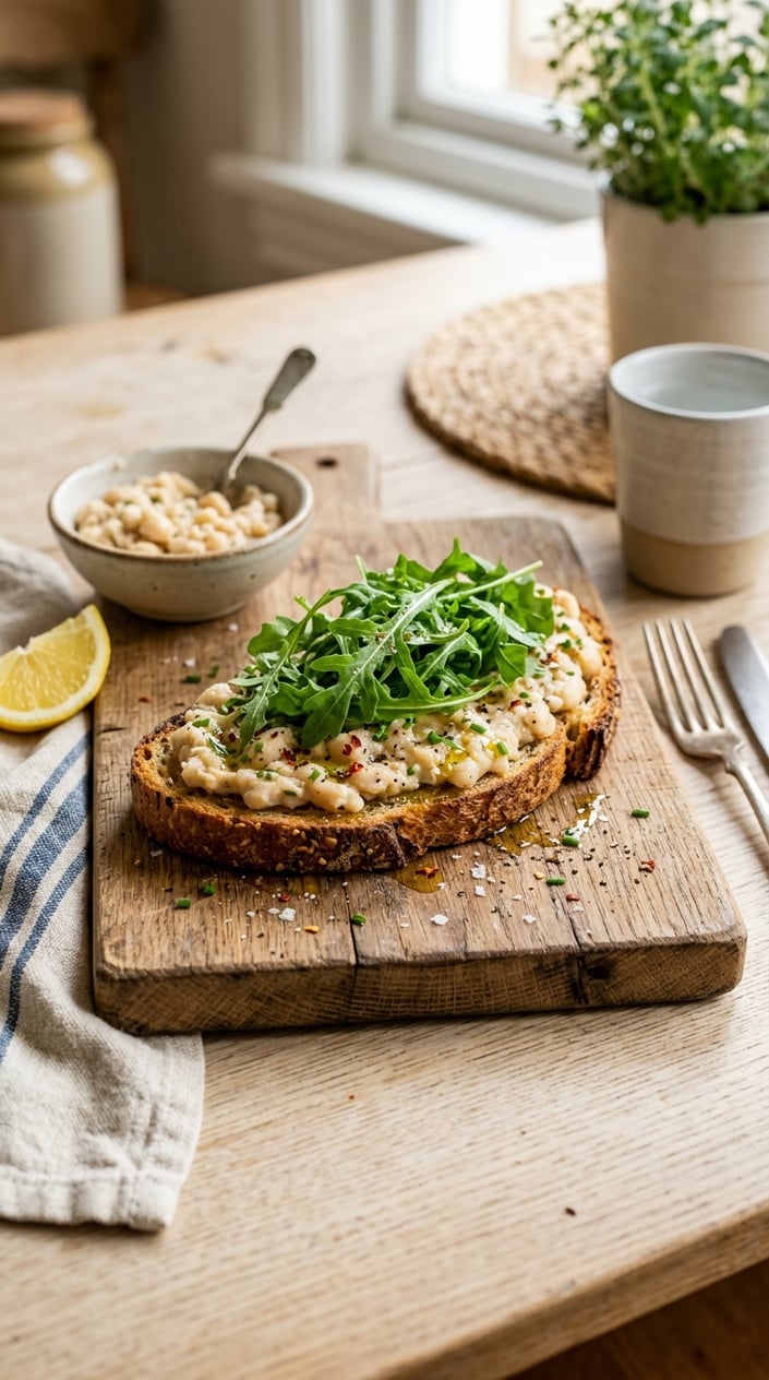 14 Easy Lunch Ideas That Aren't the Same Turkey Sandwich Again 36 A thick slice of toasted whole-grain bread spread with chunky smashed white beans and topped with a pile of wilted arugula, plated on a wooden board with a bright lemon wedge pressed against the edge.